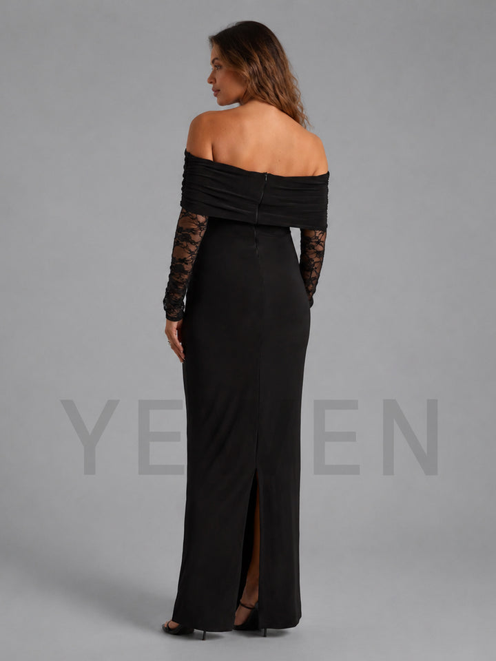 A woman modeling a floor-length black off-the-shoulder gown from the back, featuring long sheer lace sleeves and a high front slit, against a plain gray studio background.