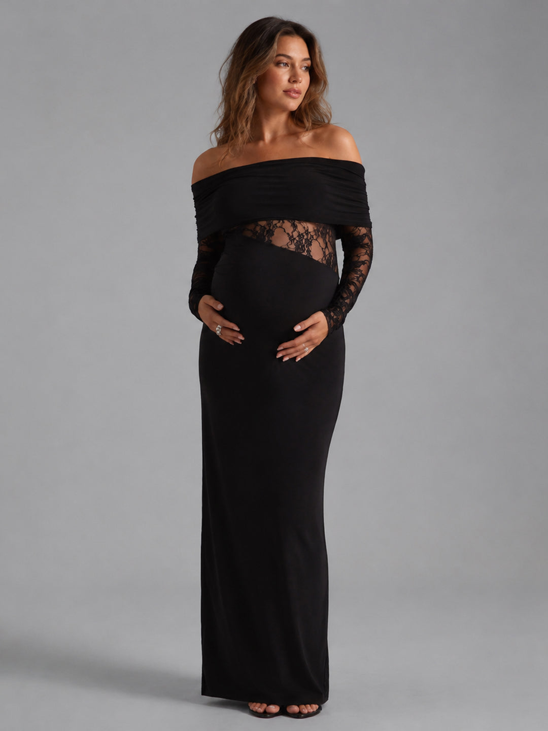 Black Bardot Maternity Maxi Dress with Lace Detail