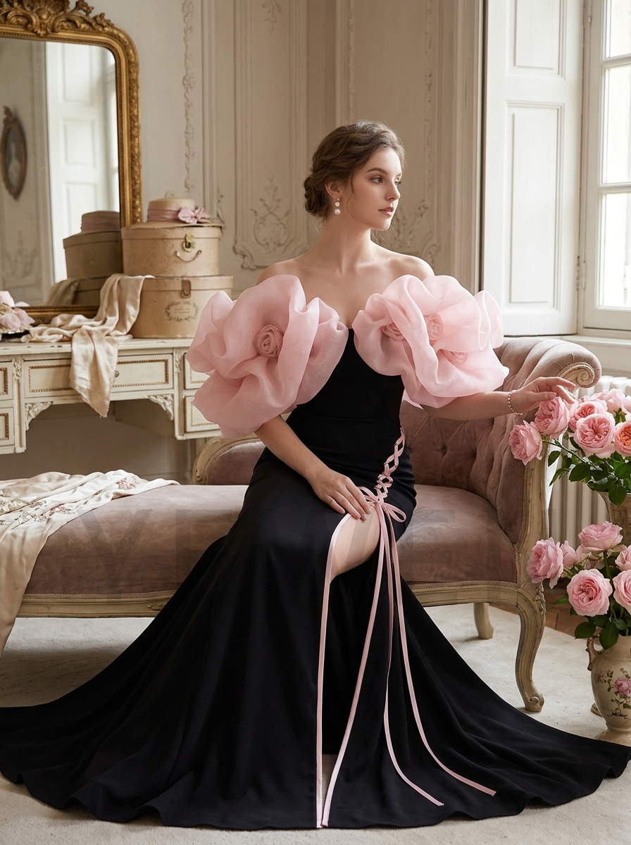 A model wears a floor-length black mermaid evening gown with oversized light pink ruffled sleeves and pink braided side accents while sitting on a vintage chaise lounge in an elegant bedroom with natural light from a window.