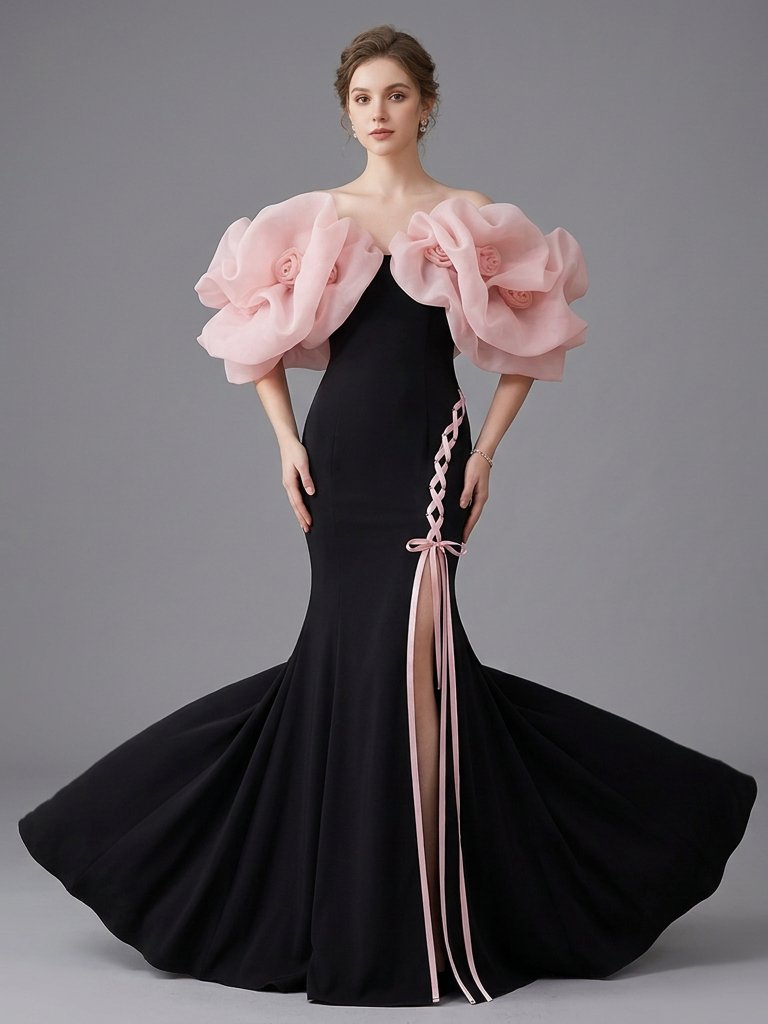 A woman modeling a floor-length black mermaid gown with oversized pale pink ruffled shoulder details and a pink braided side accent, photographed against a plain gray studio background.