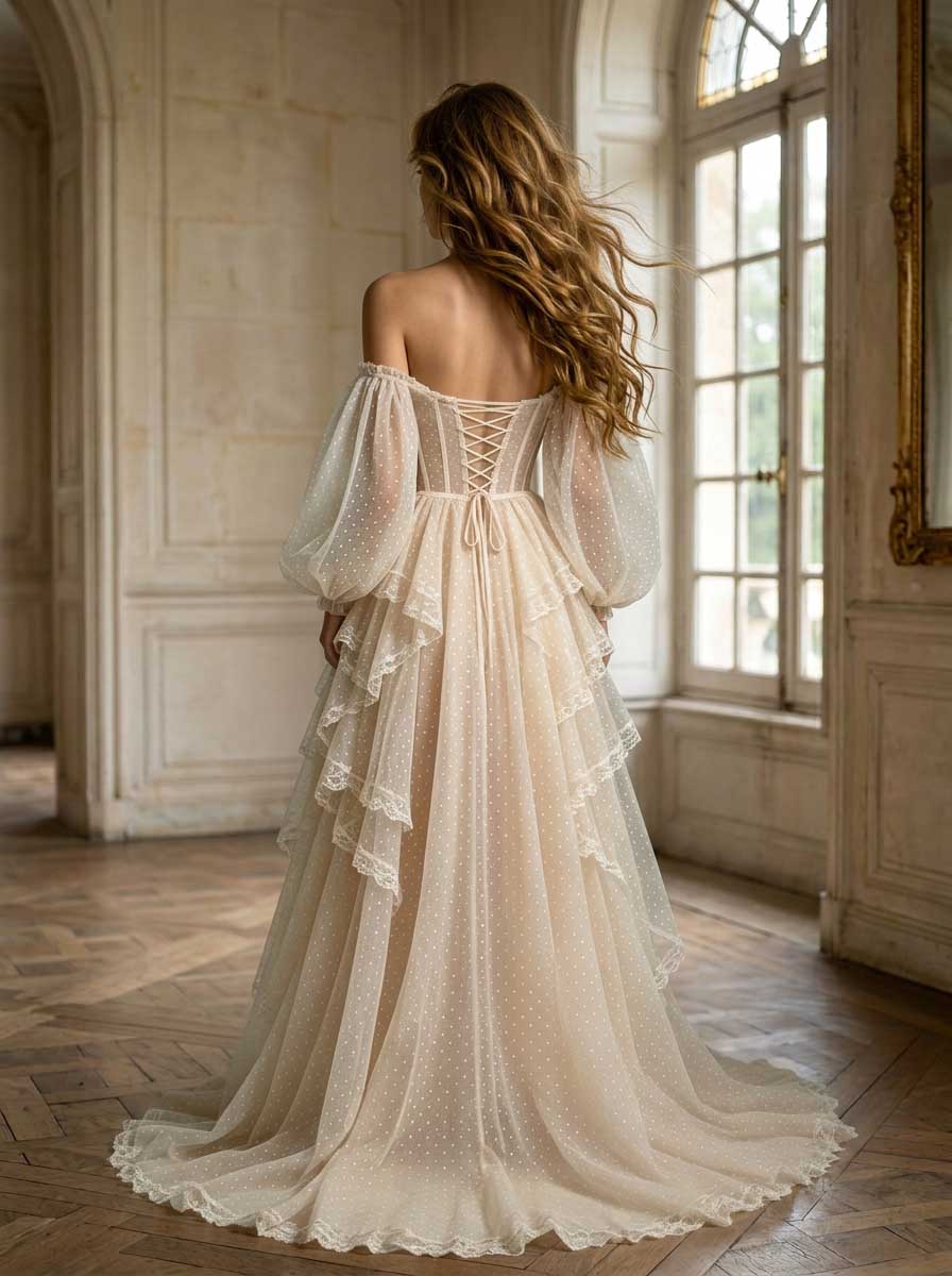 Back view of a model wearing a boho fairycore evening gown with a lace-up corset back and layered tulle skirt.