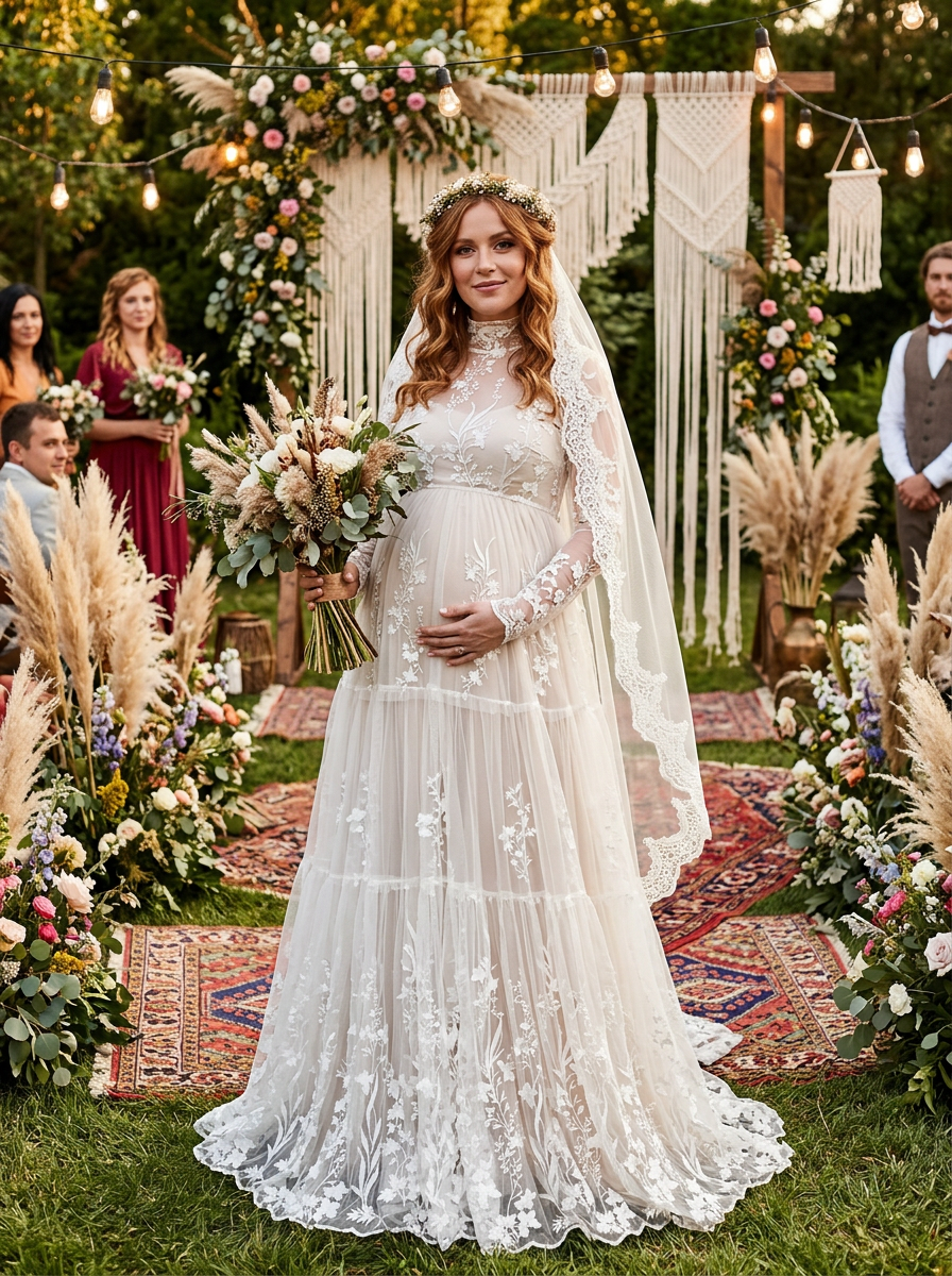 A pregnant woman in a white lace wedding dress and long veil stands outdoors at a wedding ceremony, holding a bouquet of flowers. The background features a decorated arch with macrame, string lights, pampas grass, and guests seated on both sides.