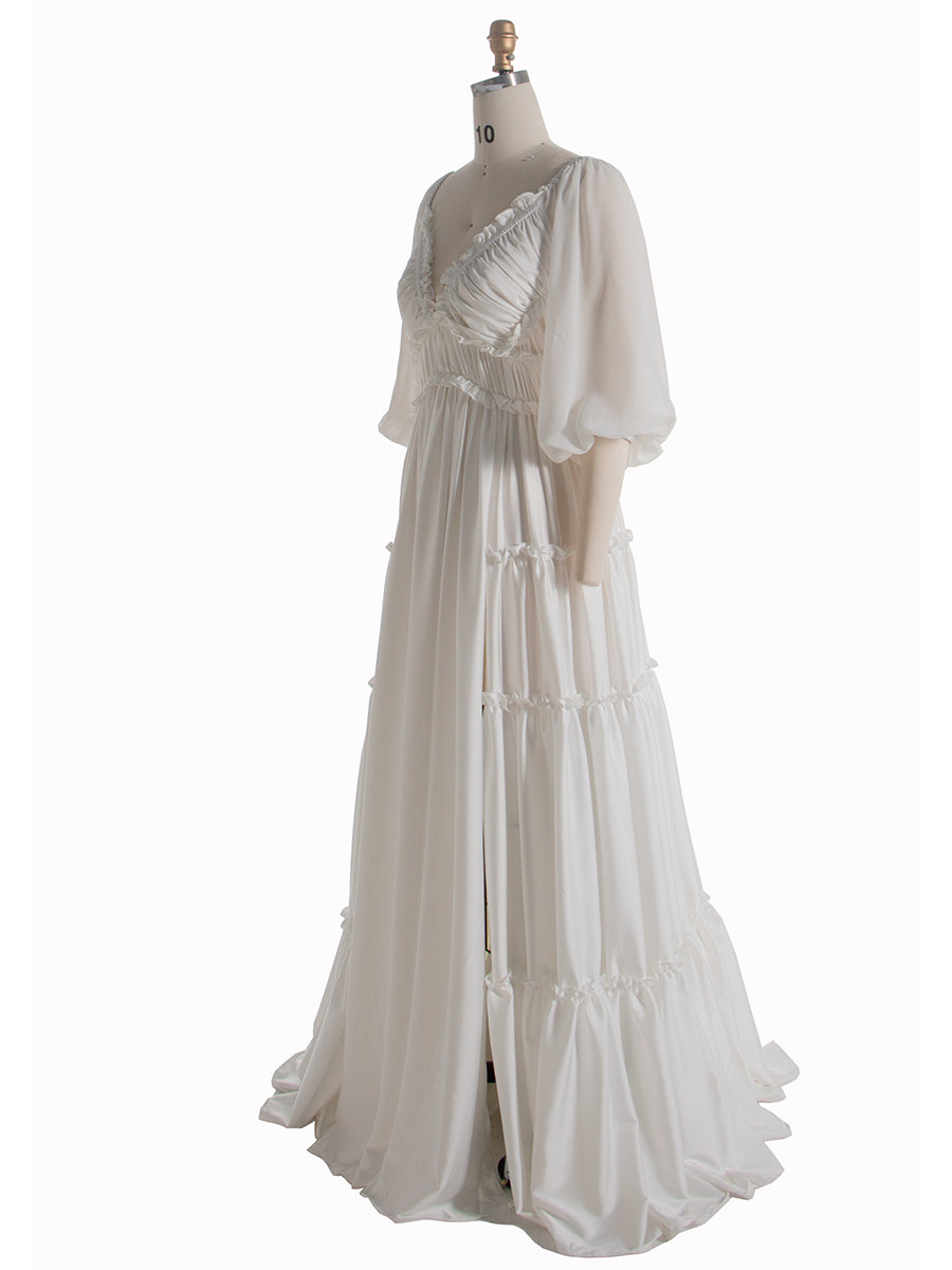 Side view of boho maternity dress with flowing satin fabric