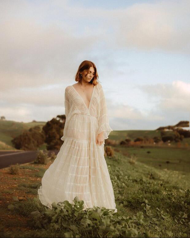 Lifestyle real shot of boho maternity photoshoot dress designed for natural bohemian pregnancy photography