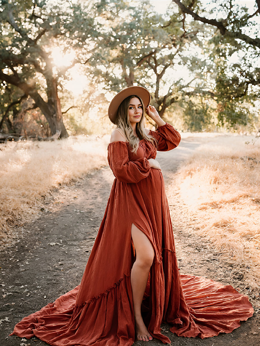 Elegant boho maternity photoshoot dress with off shoulder design, full sleeves, and round neck for baby shower photography