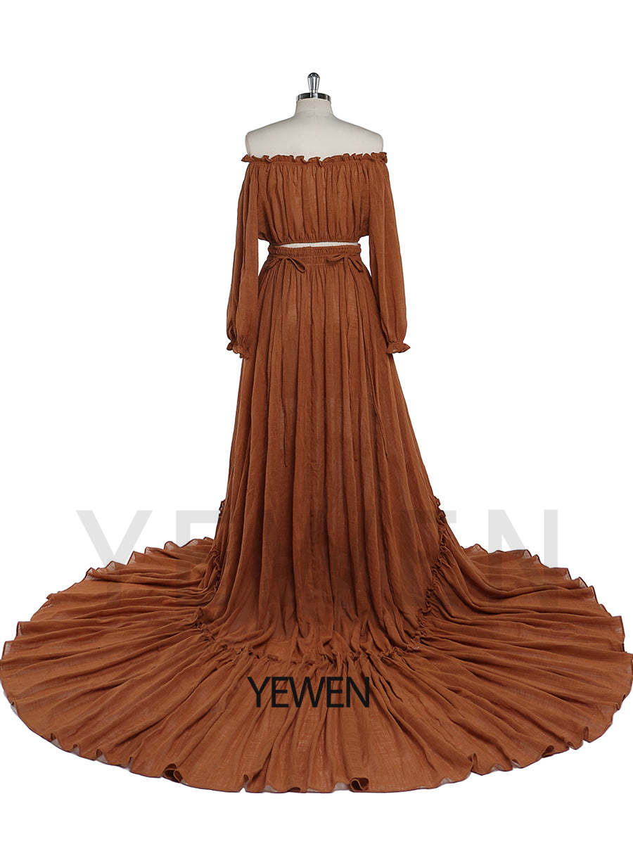 Back view of boho photoshoot dress maternity 2 piece set designed for elegant photography