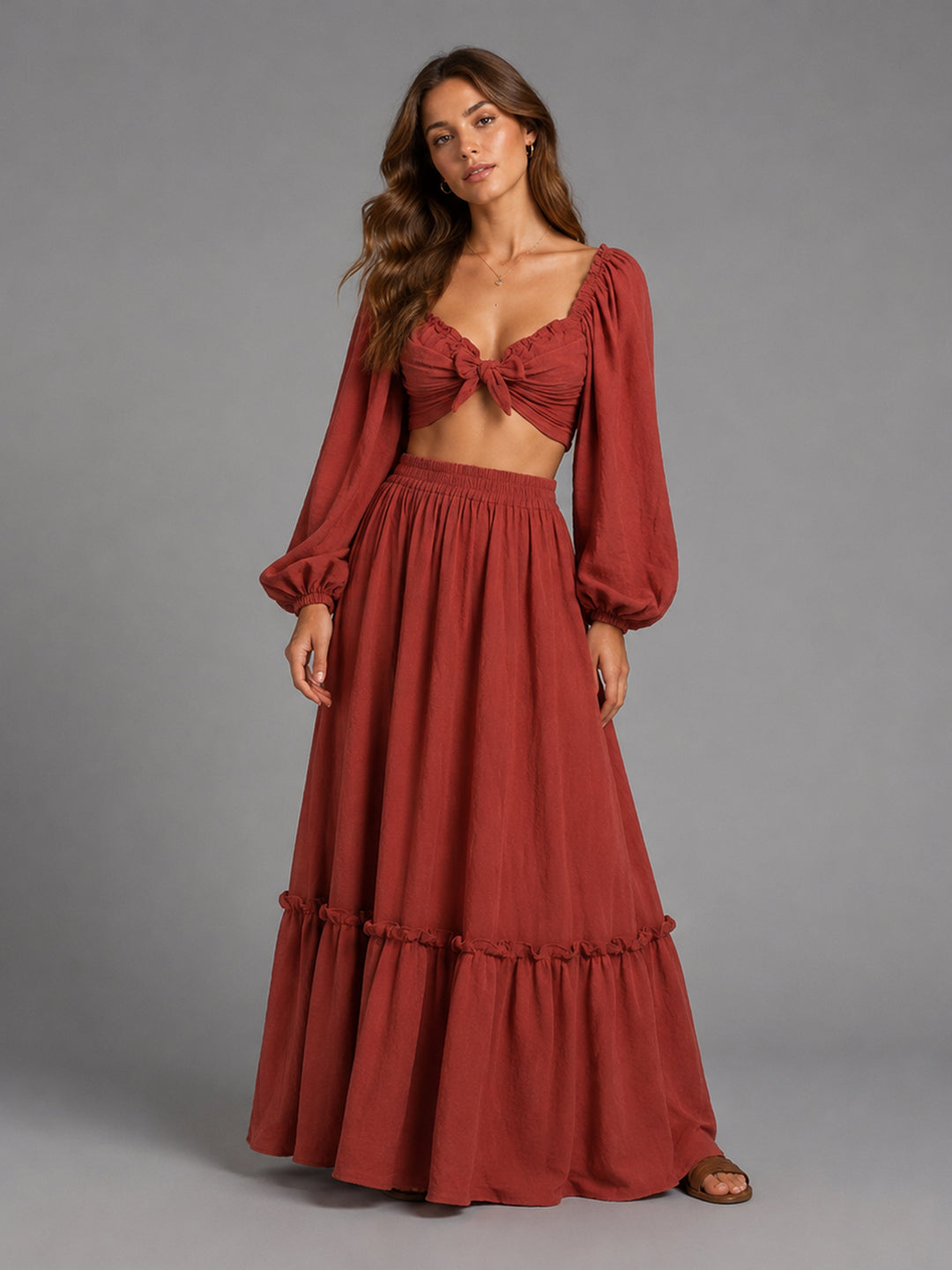Long Sleeves Adjust Back Woman Cotton Maxi Dress Photoshoot Dresses Outfit YW231113