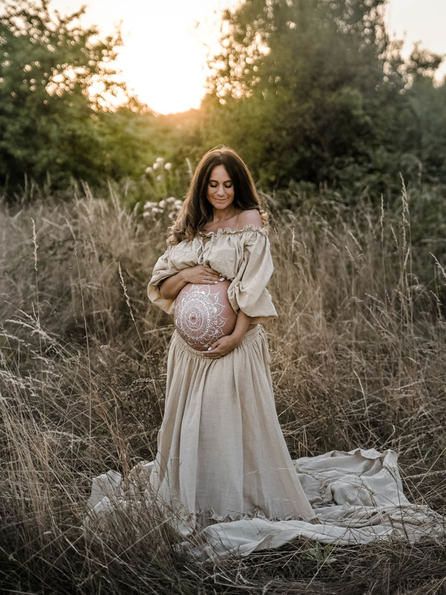 Front view of grey boho photoshoot dress