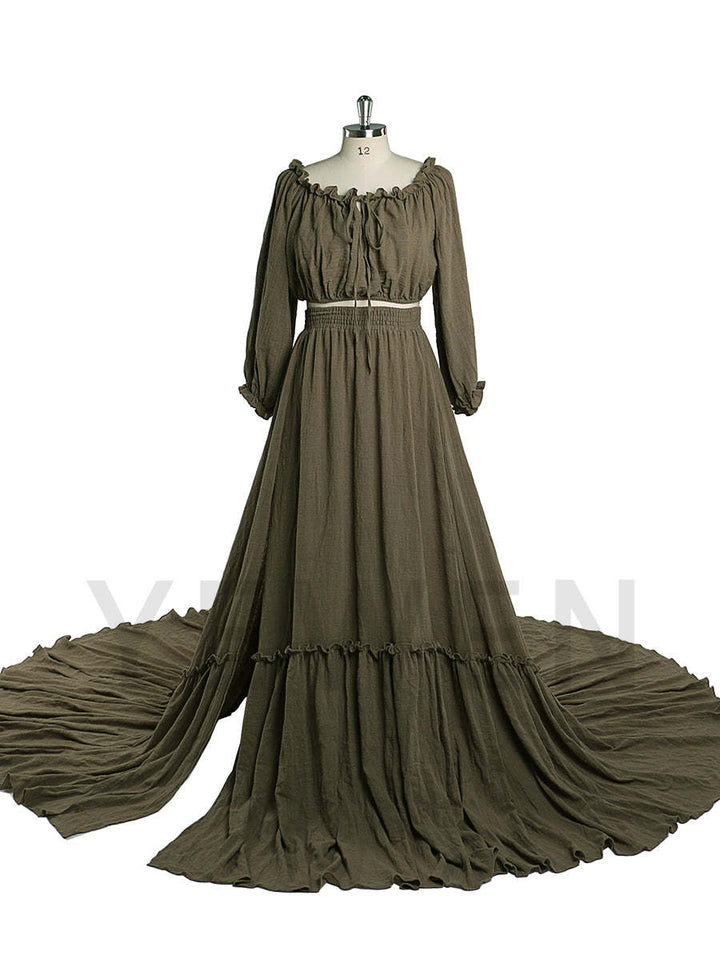 Front view of boho photoshoot dress with flowing silhouette and stretch waist design