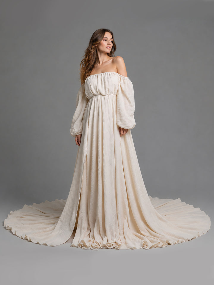Off Shoulder Cotton Evening Dresses Long Sleeves Side Slit Photo Shoot Dresses for Baby Shower Photography Props YEWEN YW220214