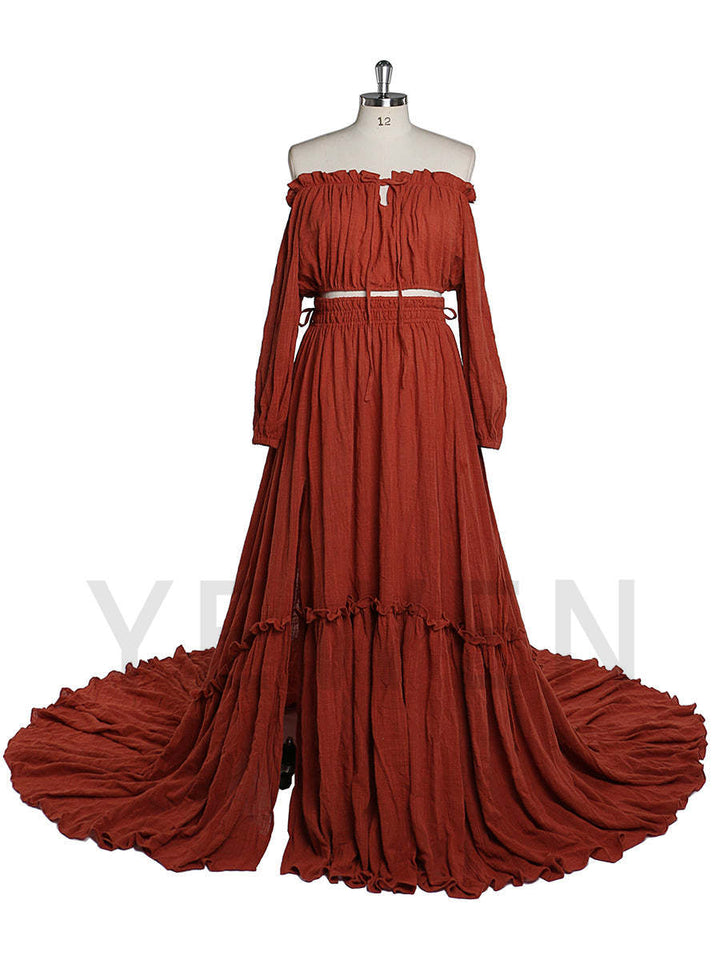 Elegant rust 2 piece boho photoshoot dress with stretchy waist designed for pregnancy photography