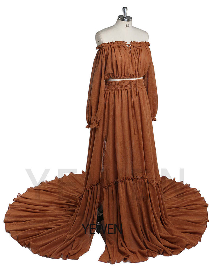Side view of boho photoshoot dress maternity set showing elegant flowing fabric and relaxed bohemian style