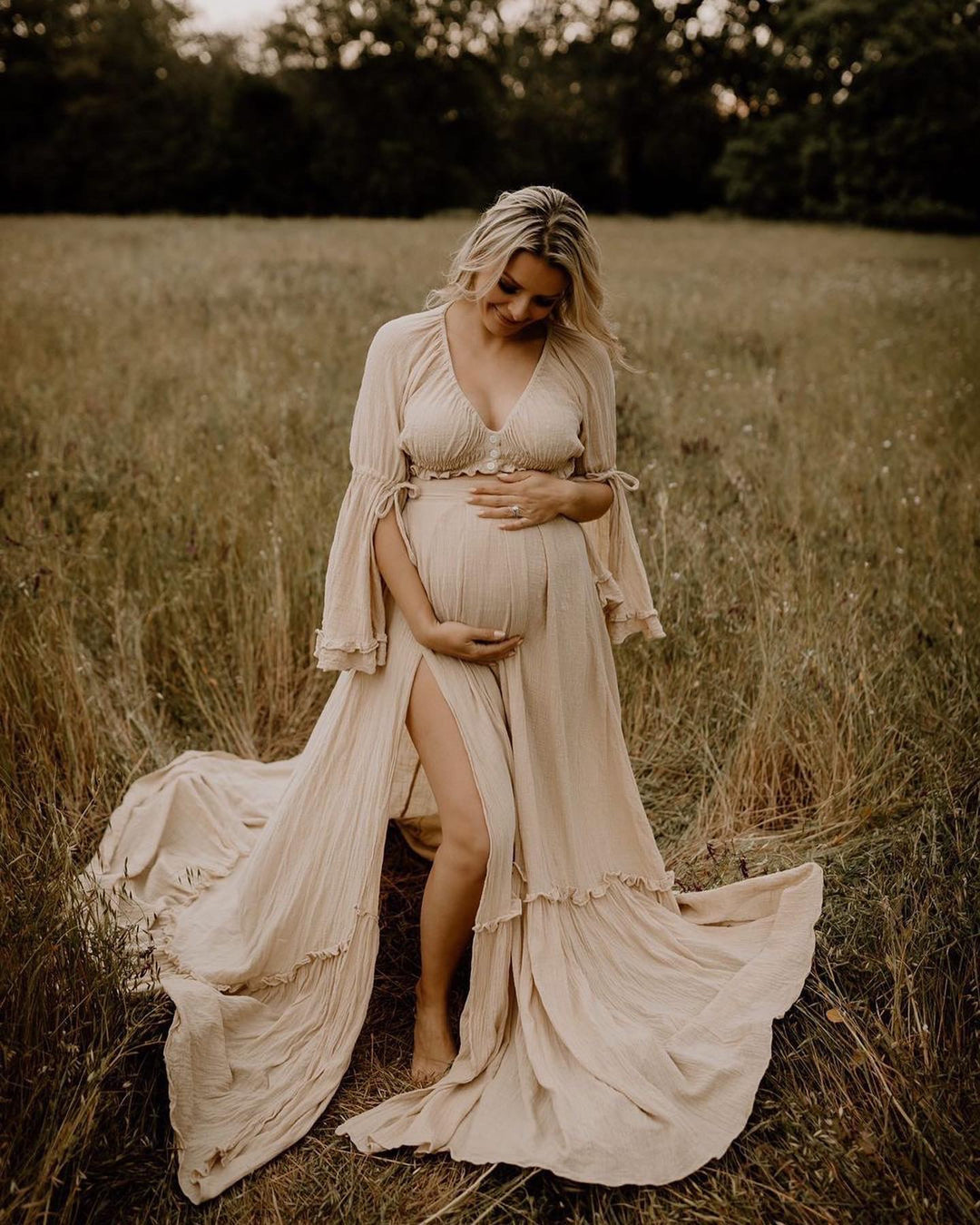 2 Pieces Gown V Neck Woman Maxi Dresses Photography Baby Shower Dress for Pregnant Woman 16-16W / M47