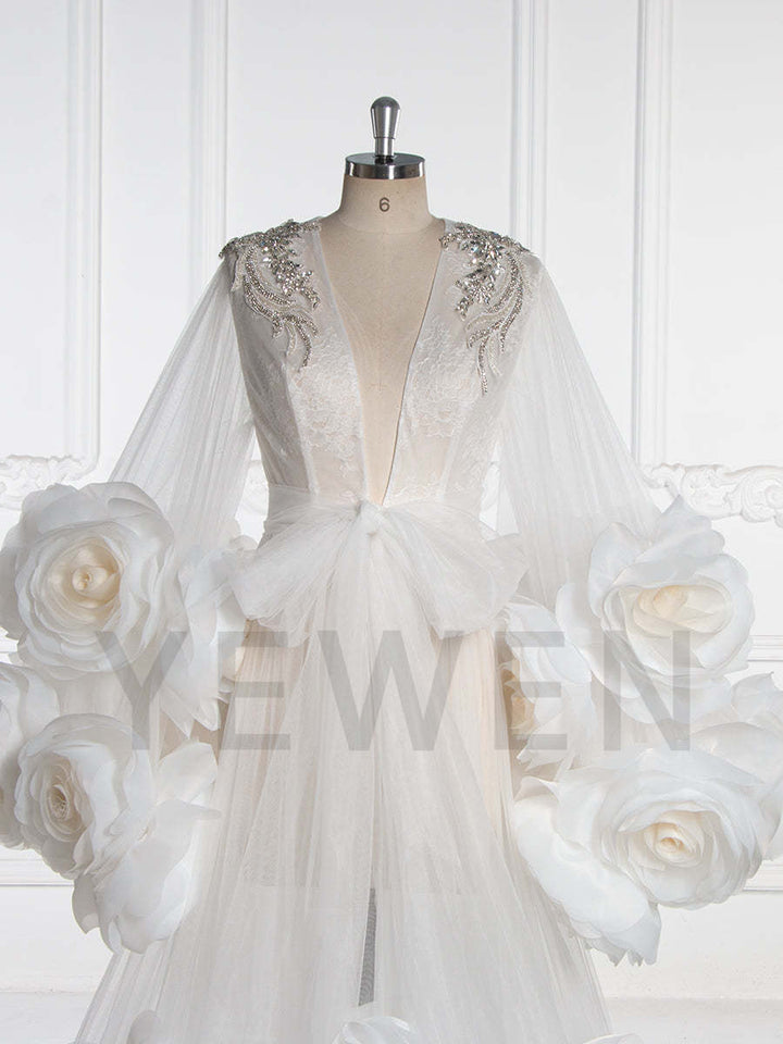 Close-up of front view 3D floral detailing on bridal photoshoot robe showing luxury handmade craftsmanship