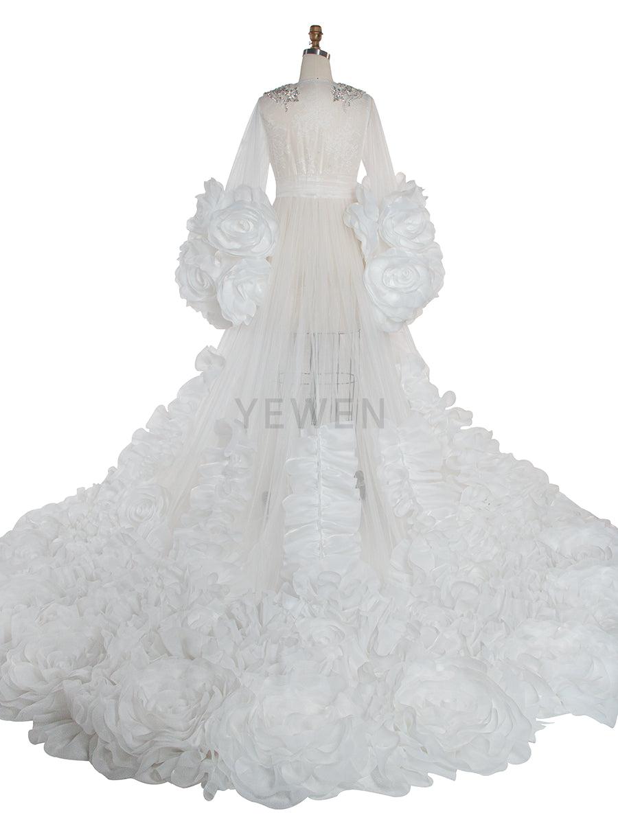 Back view of luxury bridal photoshoot robe with 3D flower detailing designed for wedding photography