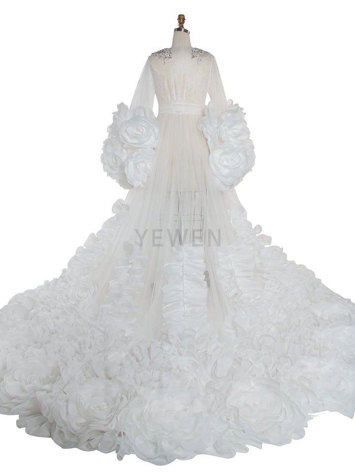 Back view of luxury bridal photoshoot robe with 3D flower detailing designed for wedding photography