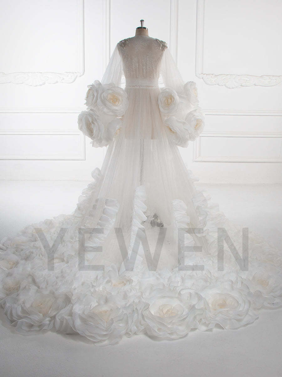 Back view of luxury bridal photoshoot robe with 3D flower detailing designed for wedding photography