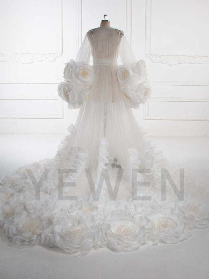 Back view of luxury bridal photoshoot robe with 3D flower detailing designed for wedding photography