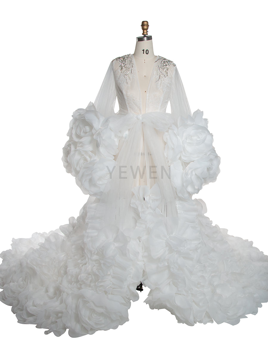 Full body view of luxury bridal photoshoot robe with 3D flower design for wedding photography styling