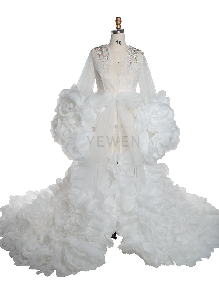 Full body view of luxury bridal photoshoot robe with 3D flower design for wedding photography styling