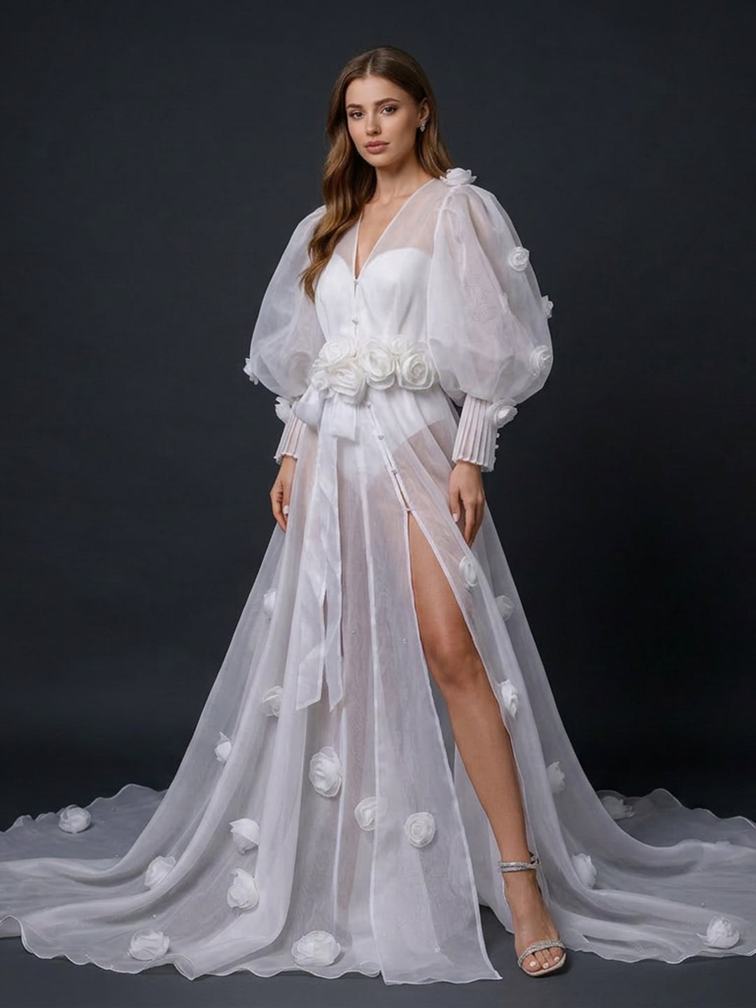 3D Flower Bridal Robe Bride Getting Ready White Long Robe