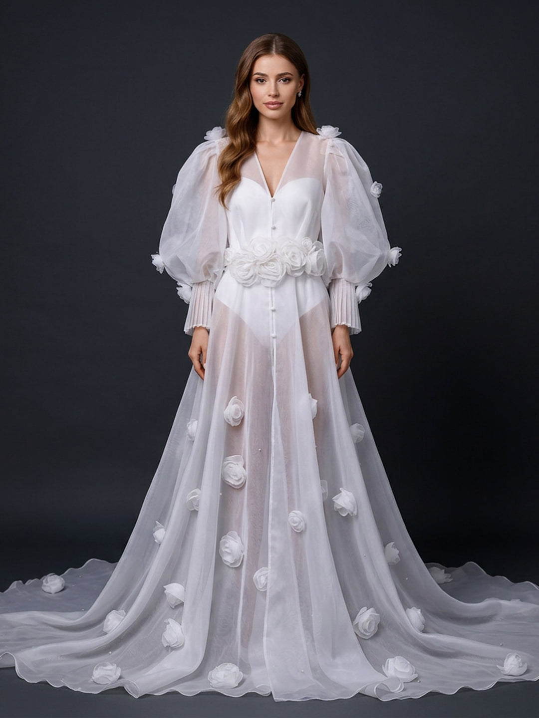 3D Flower Bridal Robe Bride Getting Ready White Long Robe