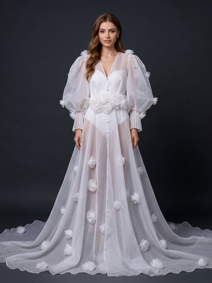 3D Flower Bridal Robe Bride Getting Ready White Long Robe