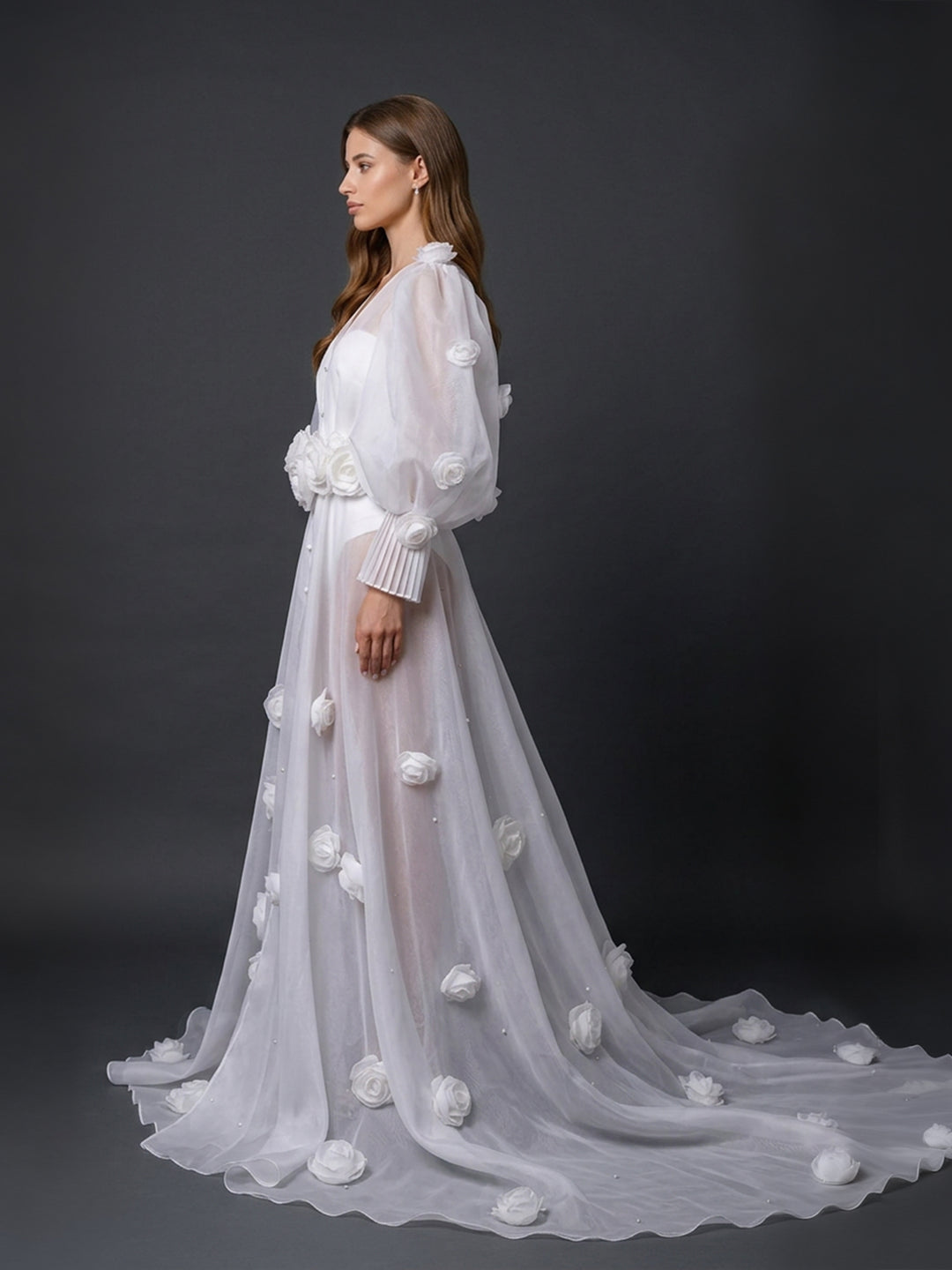 3D Flower Bridal Robe Bride Getting Ready White Long Robe