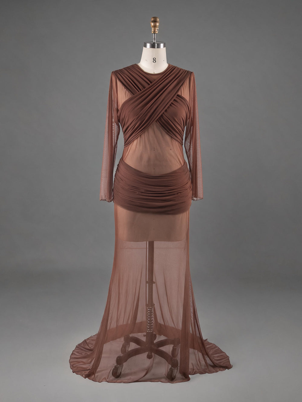 Front view of brown maternity photoshoot dress with long sleeves and a flattering bodycon fit for pregnant women