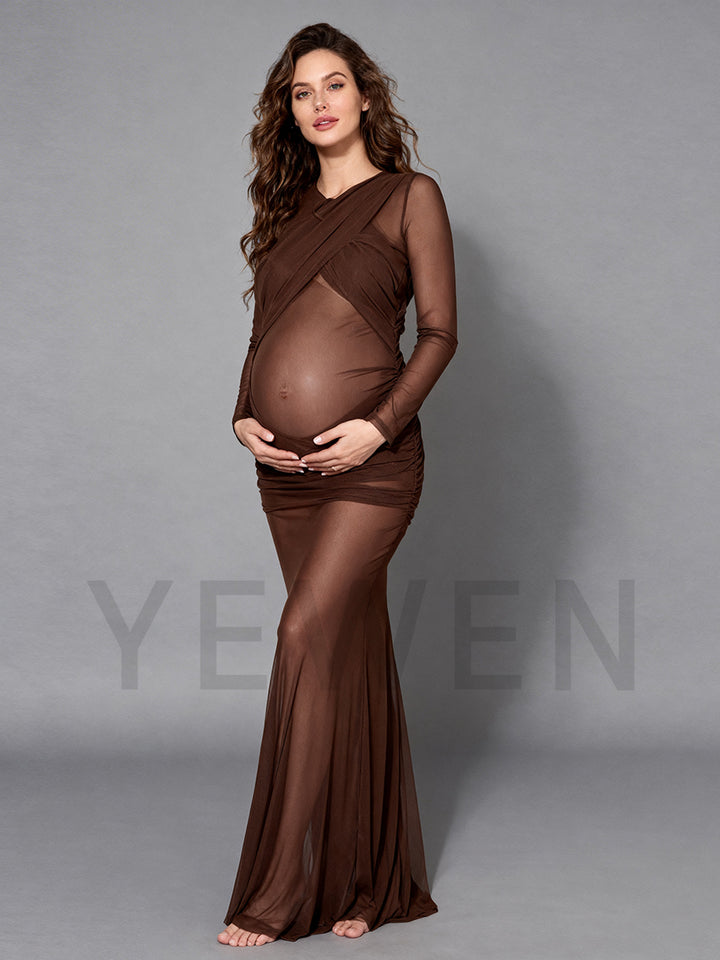 Elegant brown maternity photoshoot dress featuring mesh fabric, long sleeves, and a bodycon pregnancy silhouette