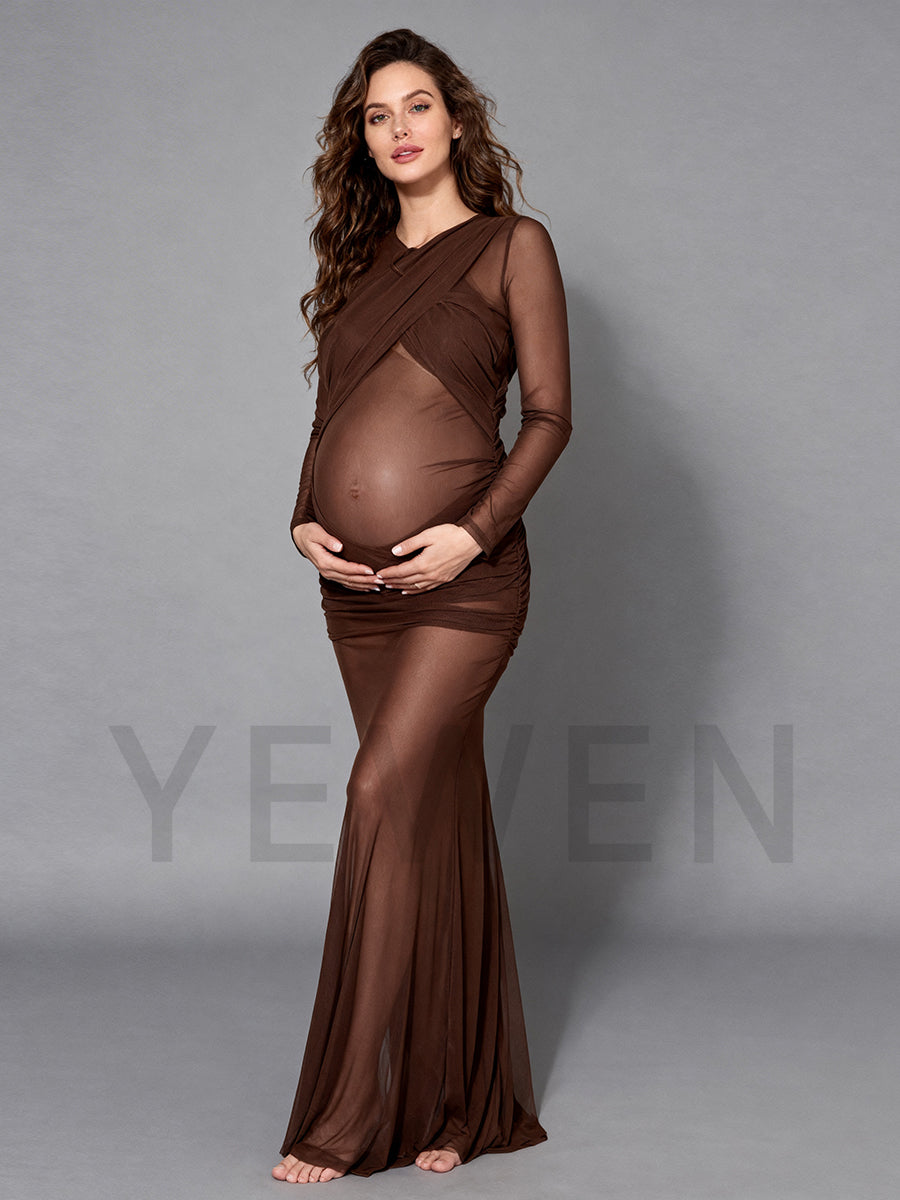 Brown Mesh Fold Long Sleeves Maternity Photo Shoot Dress Bodycon Dress for Pregnant Women 16W / Picture Color