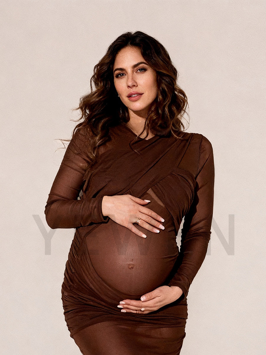 Brown Mesh Fold Long Sleeves Maternity Photo Shoot Dress Bodycon Dress for Pregnant Women 16W / Picture Color