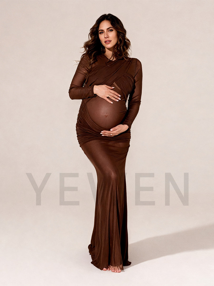 Brown Mesh Fold Long Sleeves Maternity Photo Shoot Dress Bodycon Dress for Pregnant Women 16W / Picture Color