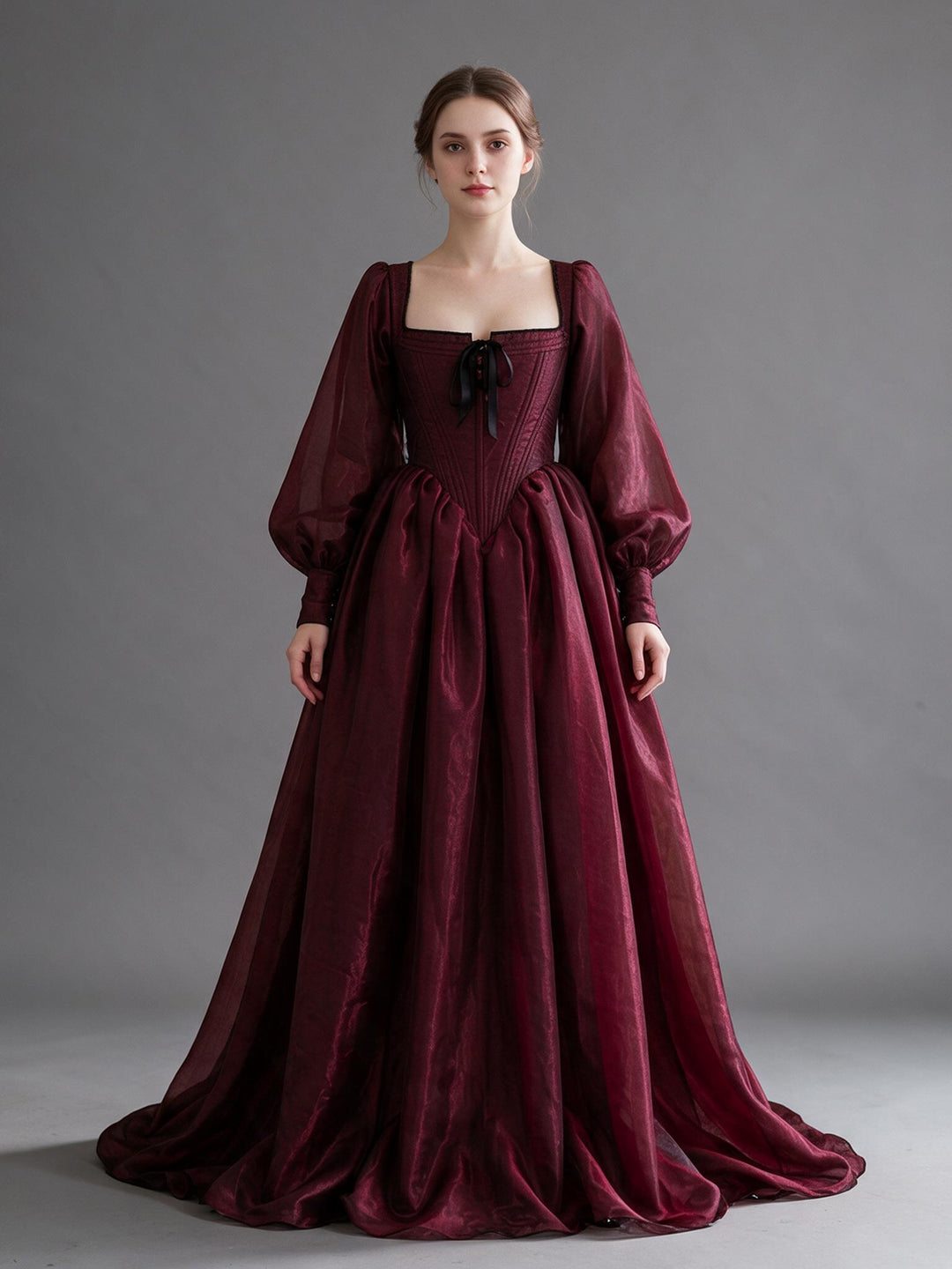 Burgundy square neck lantern sleeve Christmas party dress, front view.