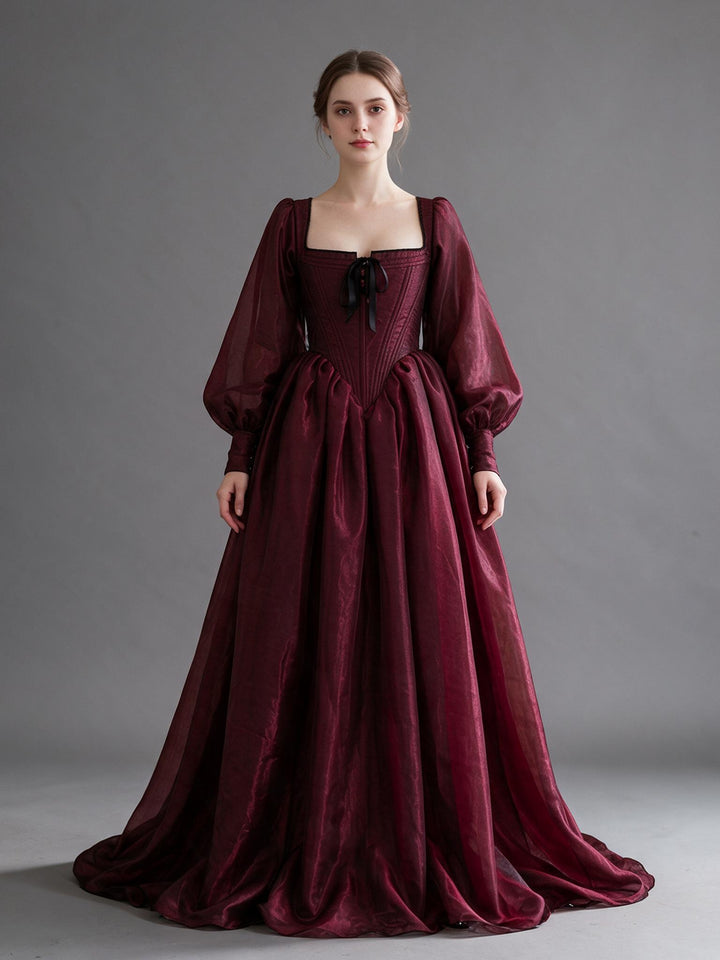 Burgundy square neck lantern sleeve Christmas party dress, front view.