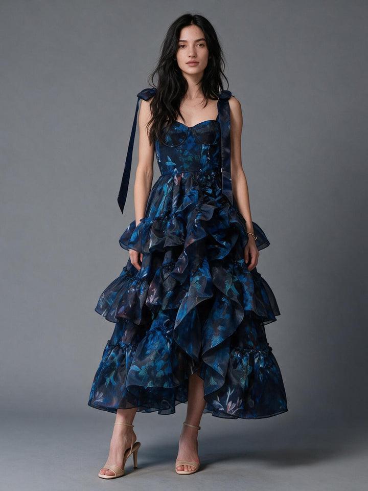 Navy Floral Print Tiered Ruffle Shoulder Tie Princess Dress YW2610161