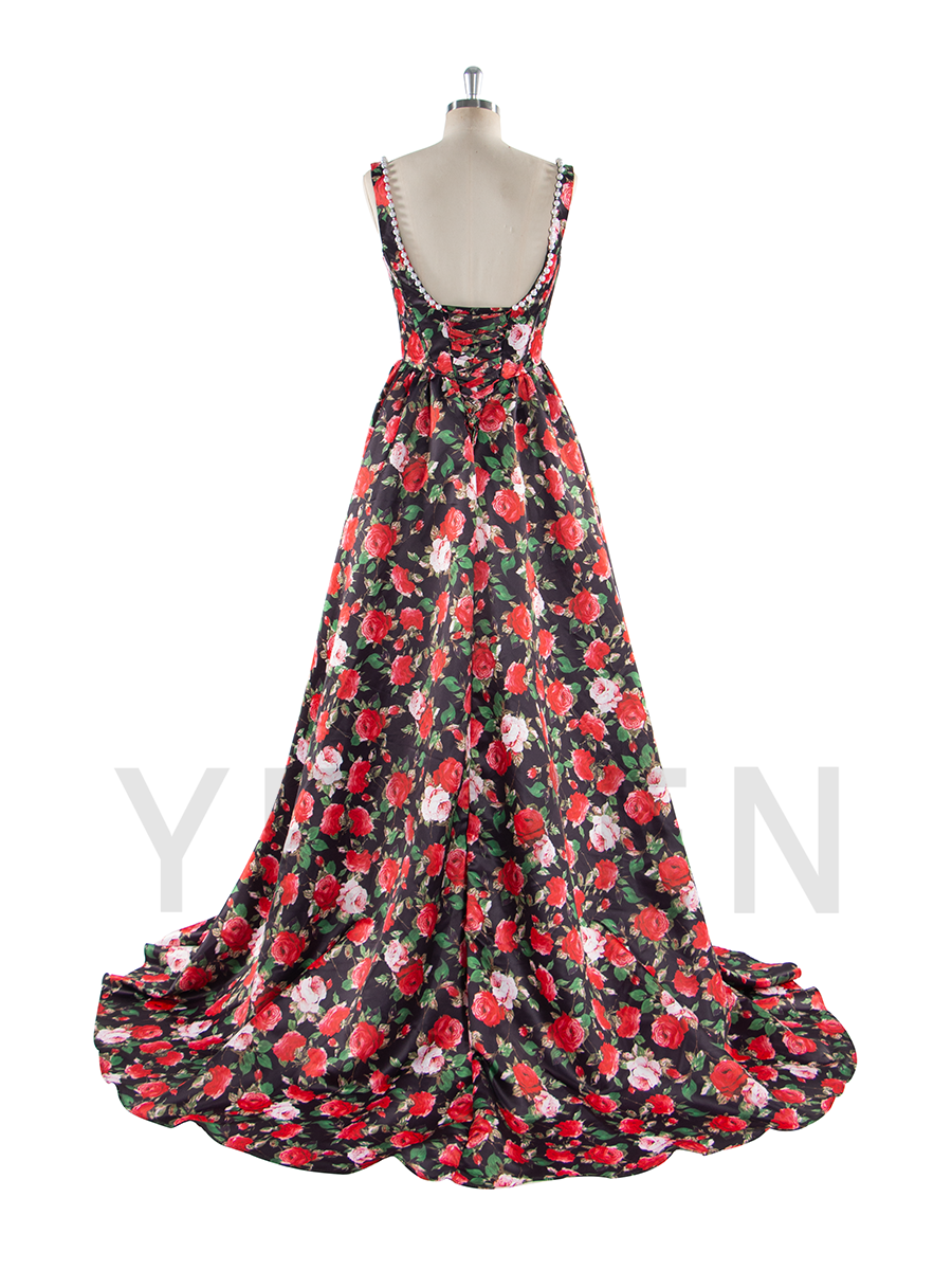 Long Satin Printed Floral Prom Dress A Line Evening Dress for Women 2025