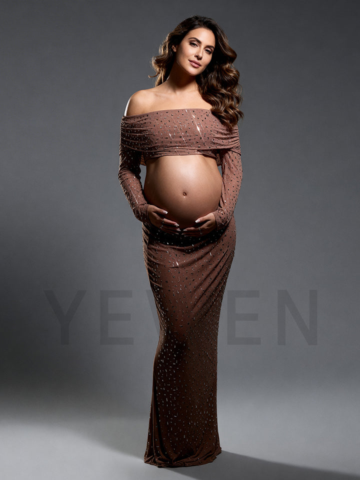 Off Shoulder Long Sleeve Maternity Photoshoot Dress 2 Piece Set Pregnancy Dresses