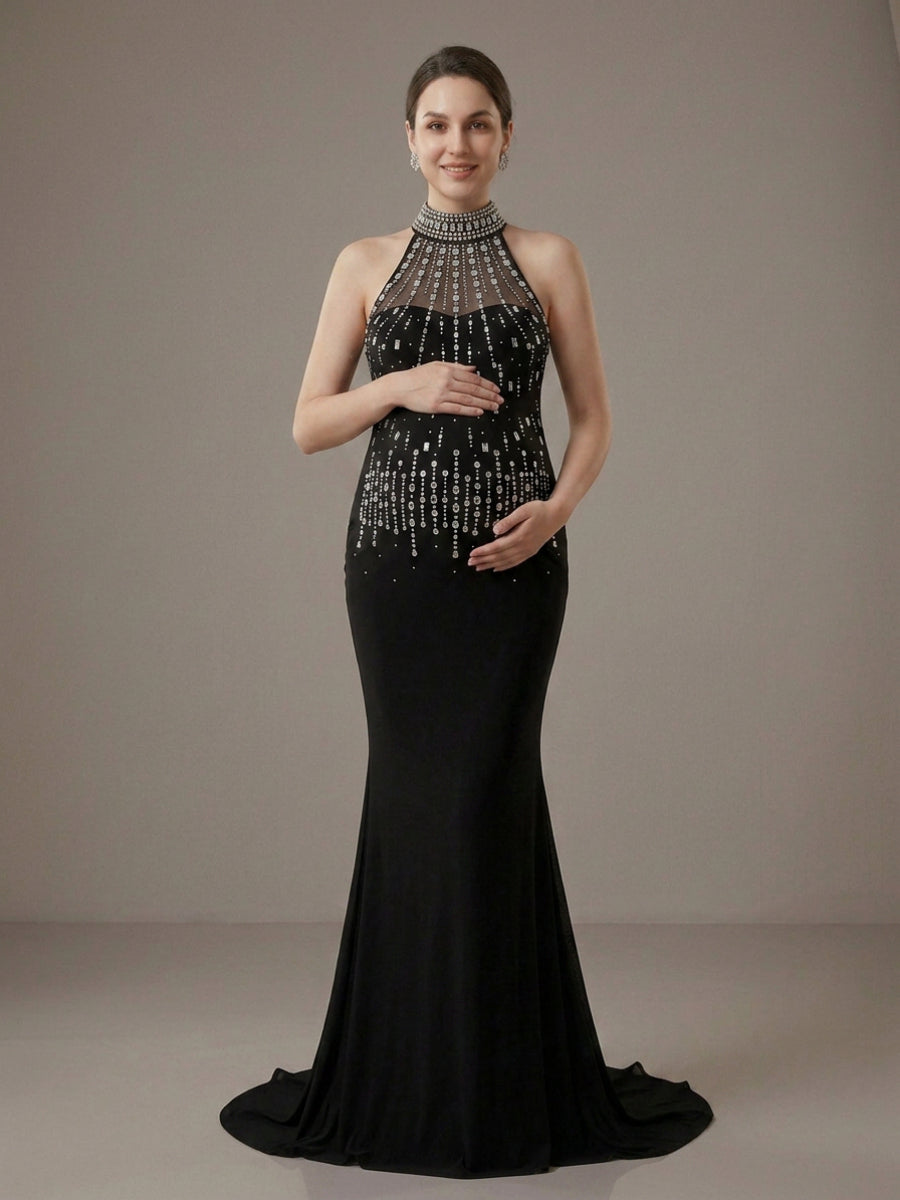 Black High Halter Beaded Mermaid Maternity Photoshoot Gown YD260909