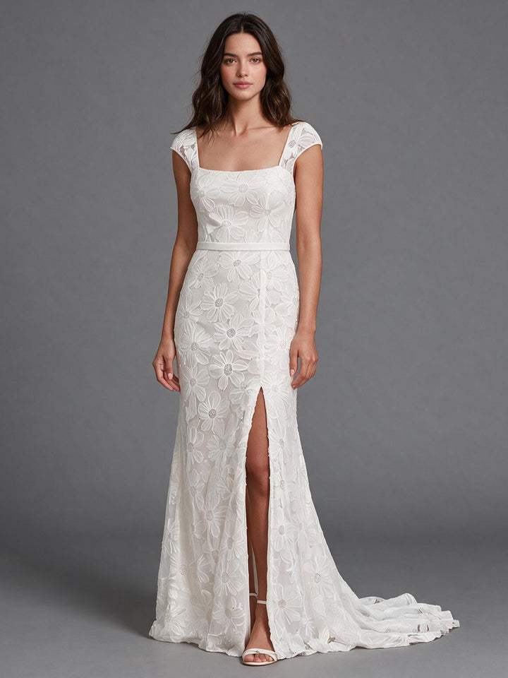 Ivory Cap Sleeve Lace Boho Wedding Dress with 3D Floral Embroidery