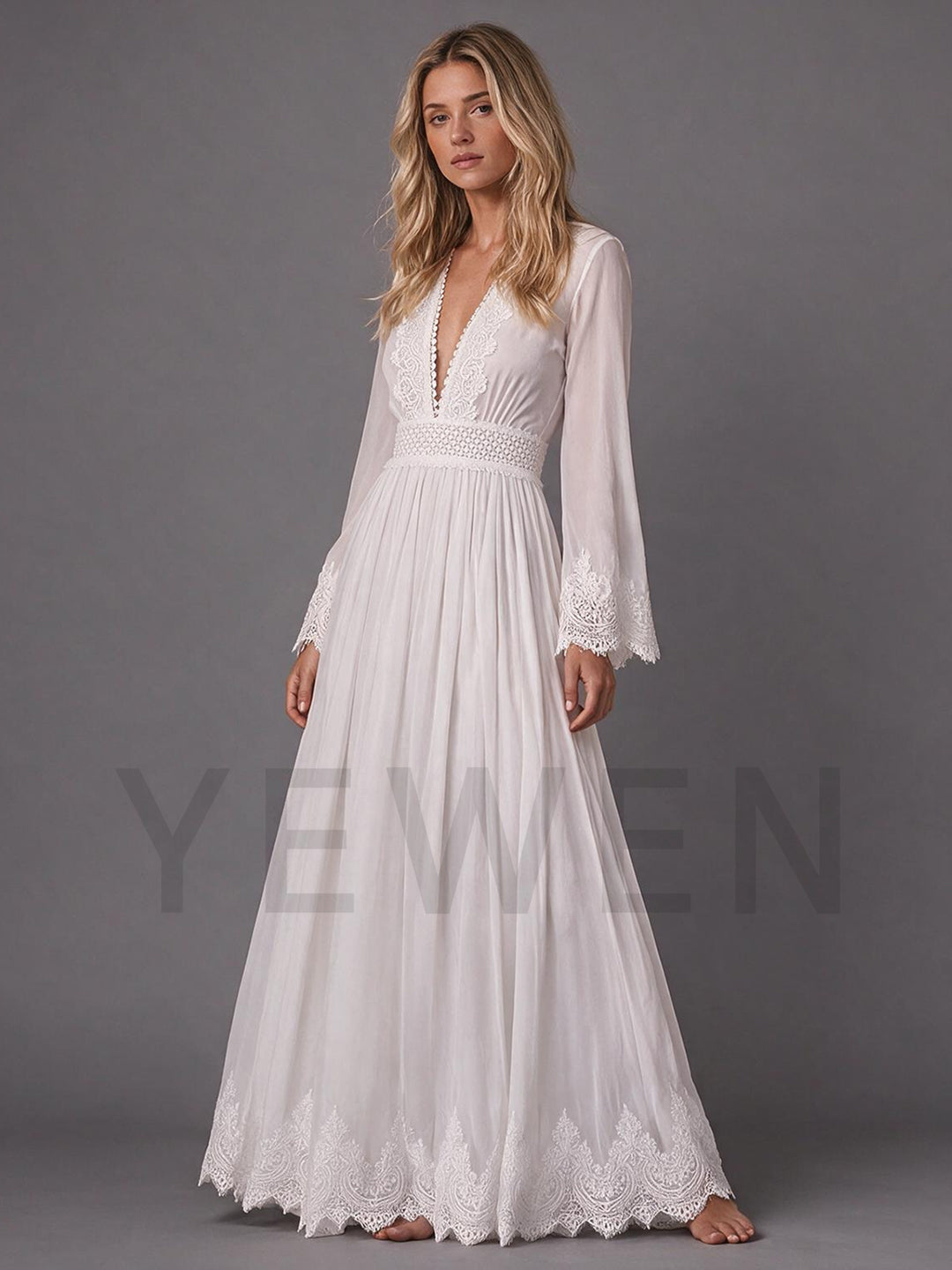 Ivory V-Neck Sheer Bell Sleeve Chiffon Lace Panel Boho Wedding Dress