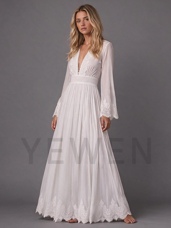 Ivory V-Neck Sheer Bell Sleeve Chiffon Lace Panel Boho Wedding Dress