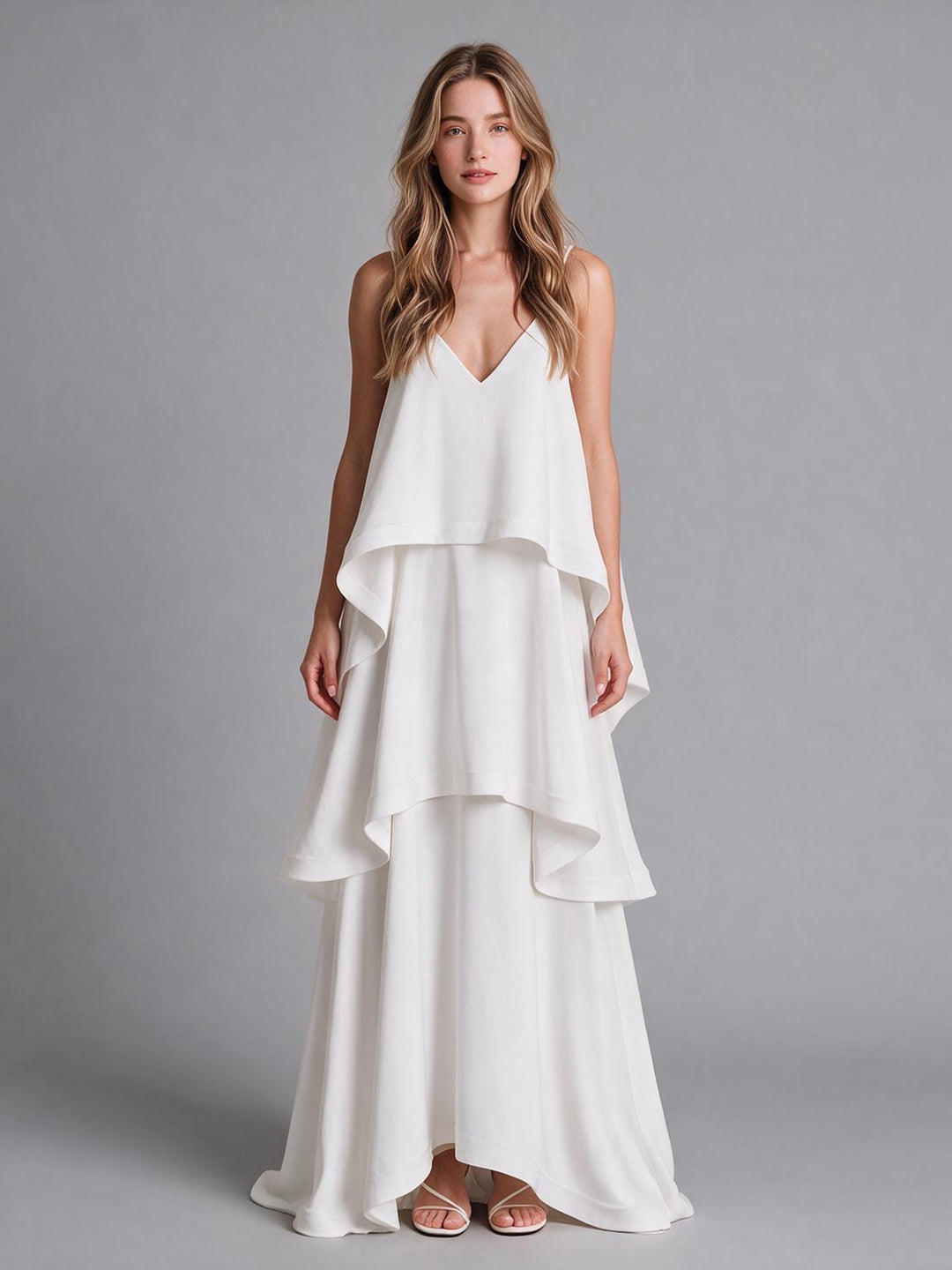 Ivory Boho Spaghetti Straps Ruffle Layers Wedding Dress
