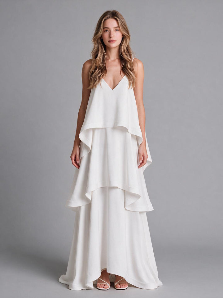 Ivory Boho Spaghetti Straps Ruffle Layers Wedding Dress