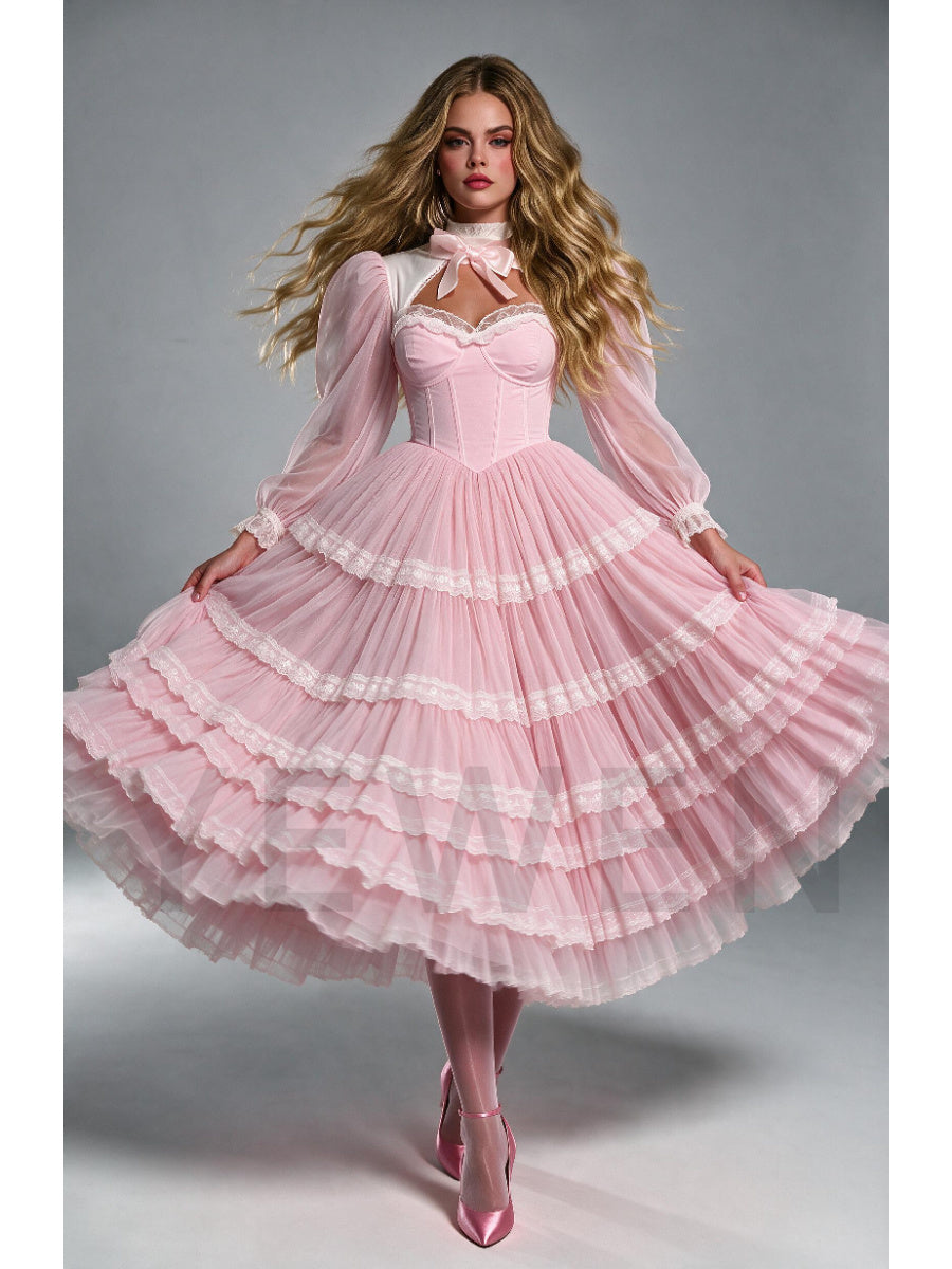 Pink Sheer Puff Sleeves Princess Dress with Ruffle Tiered Skirt WT268021