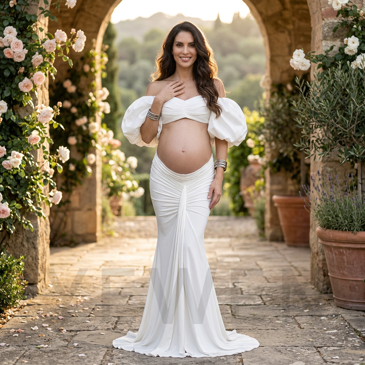 Two-Piece Off-Shoulder Puff Sleeve Maternity Photoshoot Gown YD260913
