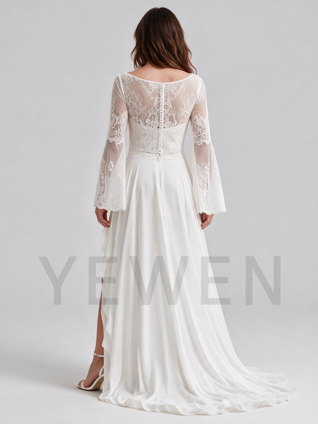 Ivory Illusion Neckline Sheer Long Sleeve Lace Boho Wedding Dress