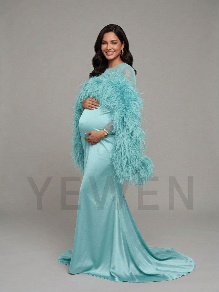 Dramatic Ostrich Feather Cape Maternity Baby Shower Dress YD260917
