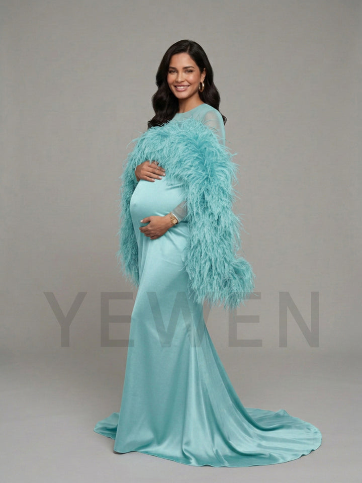 Dramatic Ostrich Feather Cape Maternity Baby Shower Dress YD260917