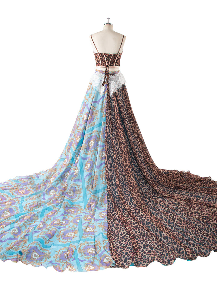 Exotic Leopard & Baroque Print Two-Piece Gown with Lace Detail and Flowing Train Photoshoot Outfit YW250066-1